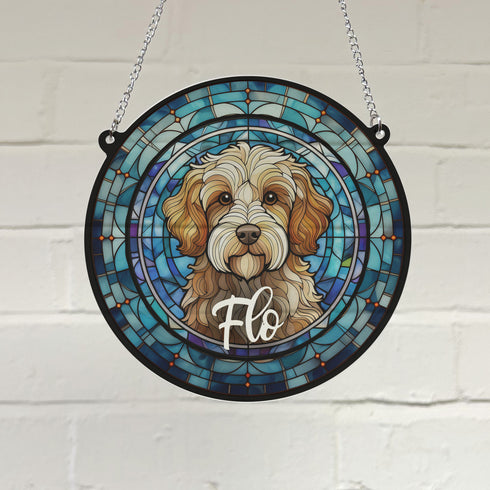Cavapoo Brown & White Personalised Stained Glass Effect Suncatcher